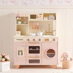 ROBUD Kids Wooden Play Kitchen, Children Toy Kitchen Playset with Bread Machine, Oven with Cakes, Tableware Dishwasher, Built-In Ice Maker, Toddler Pretend Cooking Set for Boys & Girls Age 3+, Pink
