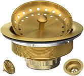 Kitchen Sink Drain Gold Sink Drain Strainer with Fixed Post 3-1/2 Inch Kitchen Drain Assembly with Strainer Basket and Drain Stopper for Standard Kitchen Sink Stainless Steel Brushed Gold