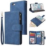 UEEBAI Wallet Case for iPhone 6 6S, Premium Vintage PU Leather Magnetic Closure Handbag Zipper Pocket Case Kickstand Card Holder Slots with Wrist Strap TPU Shockproof Flip Cover - Blue