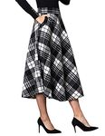 IDEALSANXUN Womens Plaid Wool Skirts Elastic Waist A-Line Pleated Tartan Long Skirts, Mid-calf Black&white, Medium