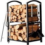 HOME IT Firewood Rack Outdoor Indoor - 2-Tier Firewood Holder with Fireplace Tools Set, Brush, Shovel, Poker, Tongs - Waterproof Steel Pipe Log Holder, Black Stove Wrought Iron - 17x12x29