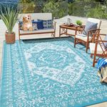 GarveeHome Outdoor Patio Rug 9x12 Outdoor Rug Waterproof Reversible Mat Carpet, Vintage Boho Rug Large Outdoor Plastic Straw Rug for Patio Deck Balcony Pool RV Camping Beach Picnic Blue&White 9'x12'