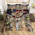 Homewish Elk Deer Bedding Set American Flag Comforter Cover Woodland Tree Branches Wildlife Moose Duvet Cover United States Flag Bed Set Single,Novel Zippier Design Reindeer Vintage Rustic Decor