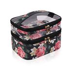 imerelez Double-Layer Cosmetic Bag Makeup Bag Toiletry Bag Large Travel Makeup Pouch Organizer Bag for Girls Women, Portable Waterproof Foldable, Black Flower,