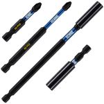 4 Piece Rennie Tool Magnetic 60mm and 152mm Professional Impact Bit Holders with 1 x 100mm Pozidriv PZ2 Screwdriver Impact Bit & 1 x 50mm Phillips No.2 PH2 Screwdriver Impact Bit. Heavy Duty