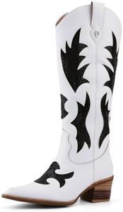 QIV White Cowboy Boots for Women Western Mid Calf Pointed Toe Chunky Heel Cowgirl Boots with Embroidered Size 9