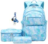 Star-Print School Backpack Set with Lunch Kits Bookbag for Teenager Girls 3pcs Gradient SchoolBag for Primary Student, Sky-blue, C