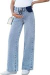 BLENCOT Maternity Jeans for Women High Waist Straight Leg Pregnancy Denim Pants with Patch Pockets Myosotis X-Large