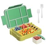 Bento Lunch Boxes Kids 1340ml Leakproof Lunch Box with 6 Compartments Microwave Safe Cutlery Set for Children Adults Garden School Picnic Excursion (Green)