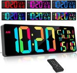 XREXS 16.5 Inch Wall Clock Digital Large [RGB], Digital Wall Clock with 10 Colours, Remote Control, Brightness/Volume Adjustable, Hourly Chime, Digital Calendar and Hygrometer, Cable Powered