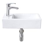 Corner Wall Mount Bathroom Sink with Faucet and Drain Combo-Bokaiya 18 Inch Small Wall Mount Corner Sink Rectangle White Porcelain Ceramic Vanity Corner Sink, Left Hand