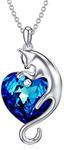 Cat Necklace Sterling Silver Cute Cat Pendant Jewelry with Ocean Blue Heart Crystal Gifts for Cat lover