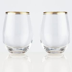 Burns Glass Stemless White Wine Glasses with Real Gold Trim, Crystal Wine Glass Set, 18 Oz. (Set of 2)