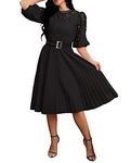IWFEV Lace Pleated Dress Puff Sleeve Mid-Calf Short Sleeve Midi Dress Hollow Party Evening Dress XL Black