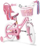 Glaf Kids Bike for Girls Boys Ages 3-9 Years, 12 14 16 Inch Girls Bike with Doll Bike Seat, Kids Bicycle with Training Wheels and Basket, Boys Bikes(14 Inch, Pink)