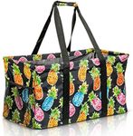 Lucazzi Extra Large Utility Tote Bag - Oversized Collapsible Reusable Wire Frame Rectangular Canvas Basket With Two Exterior Pockets For Beach, Pool, Laundry, Car Trunk, Storage - Pineapple