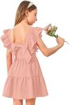 OYOANGLE Girl's Cute Square Neck Sleeveless Bow Back Ruffle Trim A Line Mini Short Dress Pink Solid 11Y