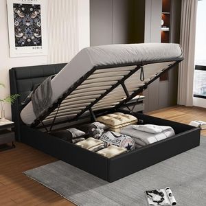 Polsterbett 140x200cm, Boxspringbett mit hydraulisches Bettkasten, Bett mit Lattenros, Verdeckte Stauraum Kopfteil, Doppelbett Jugendbett Bettrahmen, Kunstleder, Ohne Matratze (Schwarz, 140x200 cm)