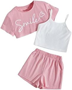 OYOANGLE Girl's 3 Pieces Summer Outfits Graphic Print Crop Tee Top and Cami Top with Shorts Set White and Pink 9Y