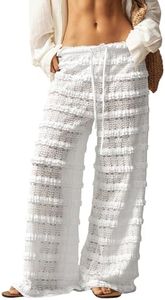 RoseSeek Women's Crochet Lace Pants Ruffle Layered Elastic Waist Mesh Bathing Suit Cover Up Beach Pants Pure White Medium
