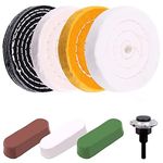 8Pcs 4'' Buffing Polishing Wheels with 3 Pcs Polishing Compounds/White Cotton (50-ply) /Yellow Cotton (36-ply)/Flannel (30-ply)/Denim and 1/4" Shank for Bench Grinders/Bench Buffer Rotary Tools