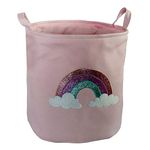 Shopster Cute Rainbow Design Toy Storage Basket, Baby Hamper Kids Laundry Basket Nursery Hamper, Waterproof Cute Cartoon Round Canvas Foldable Toy, Playarea Dia 13” x 16”H (Pink Rainbow)