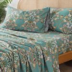 Zusbest Teal Floral Sheets Boho Queen Bed Sheets Set 100% Cotton Percale Shabby Vintage Blue Orange American Style Bedding Luxury Soft Breathable Crisp Bed Deep Pocket Fitted Sheet 4 Piece