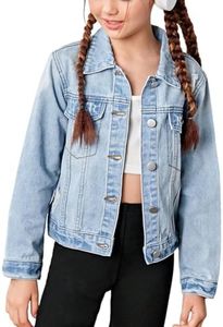 WDIRARA Girl's Ripped Flap Pocket Button Front Long Sleeve Collared Denim Jacket Light Wash 16Y