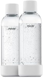 Mysoda Carbonating Bottles 2Pck 1L - Compatible, Drink mate, Wassermaxx, Aqvia, Sodapop & Levivo - Quick-Lock Reusable Bottles - Lid & Base Made of Wood Composite - BPA Free - White