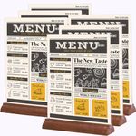 komstuon A4 Acrylic Sign Holder (6 Pack) Poster Menu Holders for Tables, Double Sided Acrylic Stand Wood Base Menu Holder for Restaurants, Hotel, Office Document, Wedding, Picture