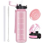 OLDLEY 1L/32oz Sports Water Bottle with 2 Different Lids, 1000ml Motivational Drinks Bottle with Time Markings Leak Proof Drink & Lock Cover, BPA Free for Gym School Cycling Running Hiking