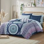 Intelligent Design Loretta Ultra Soft Brushed Microfiber Bohemian Boho Medallion Comforter and Sheet Set Bag Bedding, Full, Navy 9 Piece