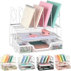 Youbetia Desk Organizers - File Organizer for Office Supplies, Accessories with Folder Racks & Holders, Double Tray and 5 Upright Sections, White