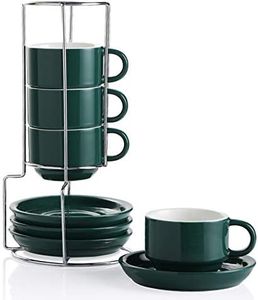 Sweejar Porcelain Espresso Cups with Saucers, 4 Ounce Stackable Cappuccino Cups with Metal Stand for Coffee Drinks, Latte, Tea Set of 4 (Jade)