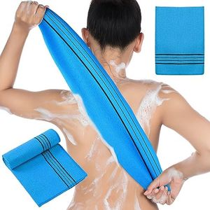 Hosuly Long Exfoliating Back Washcloth Bath Towel and Korean Exfoliating Mitt Italy Towel Korean Wash Cloth Korean Body Scrubber for Women Men Shower Dead Skin Removing Dry Skin (Blue)