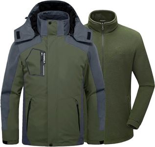 Kugnala Mens Winter Skiing Jacket 3 in 1 Waterproof Warm Snow Fleece Lining Coat Hooded Windproof Jacket S-3XL, Green/Grey, Large