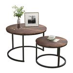 HOJINLINERO Black Round Coffee Table Set of 2 Side Table for Living Room,Industrial Stacking End Tables,Wood Look Accent Furniture with Metal Frame End Table for Bedroom Decorations,Black+Teak OAK