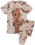 Marvel Guardians of the Galaxy Kids Pyjama Set | Short Sleeve T-Shirt with Cuffed Bottom Trousers Pjs For Boys & Girls | I Am Groot Brown All Over Tree Print | Movie Loungewear Gift for Children