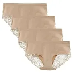 LIQQY Women's 4 Pack Mid Rise Cotton Lace Full Coverage Brief Hipster Panty Knickers Underwear (Nude, Small)