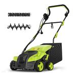 16-Inch Electric Dethatcher and Scarifier, YERYORK 2-in-1 Lawn Dethatcher with Powerful 15 AMP Motor 14.5Gal Collection Bag 5-Position Depth Foldable Handle for Lawns & Garden (Green)
