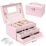 Jewellery Box Organiser, 3 Layers PU Leather Jewelry Storage Case with Mirror and Lock, Lockable Jewellery Organiser with 2 Drawers for Rings, Bracelets, Earrings, Pink