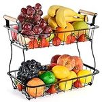 ANTOPY 2 Tier Countertop Fruit Basket for Kitchen Vegetable Fruits Basket Bowl Stand Metal Rectangle Wire Basket Storage Holder for Fruits Veggies Bread Snacks Kitchen Organizer, Black