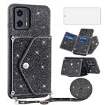 Asuwish Phone Case for Motorola Moto G Stylus 5G 2023 Wallet Cover with Tempered Glass Screen Protector and Crossbody Strap Lanyard Bling Glitter Credit Card Holder GStylus G5 XT2317DL Black