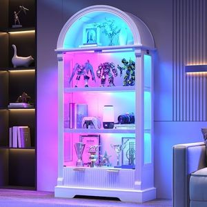 Dystler Curio Cabinet with RGB Lights, 72" Tall Arched Display Cabinet with Glass Doors, 4-Tier Large Shelf Display Case for Collectibles Bookcase Living Room, White