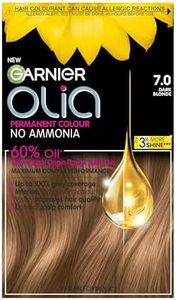 Garnier Olia 7.0 Dark Blonde, oil-powered, no-ammonia. 100% grey coverage. Luminous, long-lasting, vibrant dark blonde hair color with incredible shine and softness.
