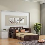 WOODNETIC Solid Sheesham Wood 2 Seater Sofa Cum Bed with Side Pockets Multipurpose Decorative Furniture for Living Room Bedroom Home Office - Walnut Finish