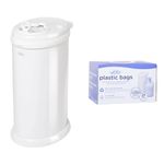 Ubbi Steel Diaper Pail, White & UBBI Plastic Biodegradable Diaper Bags, Purple