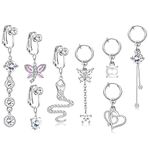 JeryWe 8 Pcs Fake Belly Ring for Women Clip On Belly Button Rings Dangle Navel Rings Fake Belly Piercing CZ Butterfly Snake Non Piercing Jewelry