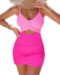 Vozobi One Piece Bathing Suit for Women with Skirt Bottoms Cutout Swimsuits Criss Cross Swim Dress Build-in Brief Swimwear Pink Rose