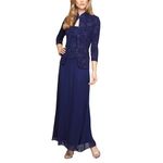 Alex Evenings Women's Jacquard Long Dress Mandarin-Neck Jacket (Petite Regular) Special Occasion, Electric Blue, 14